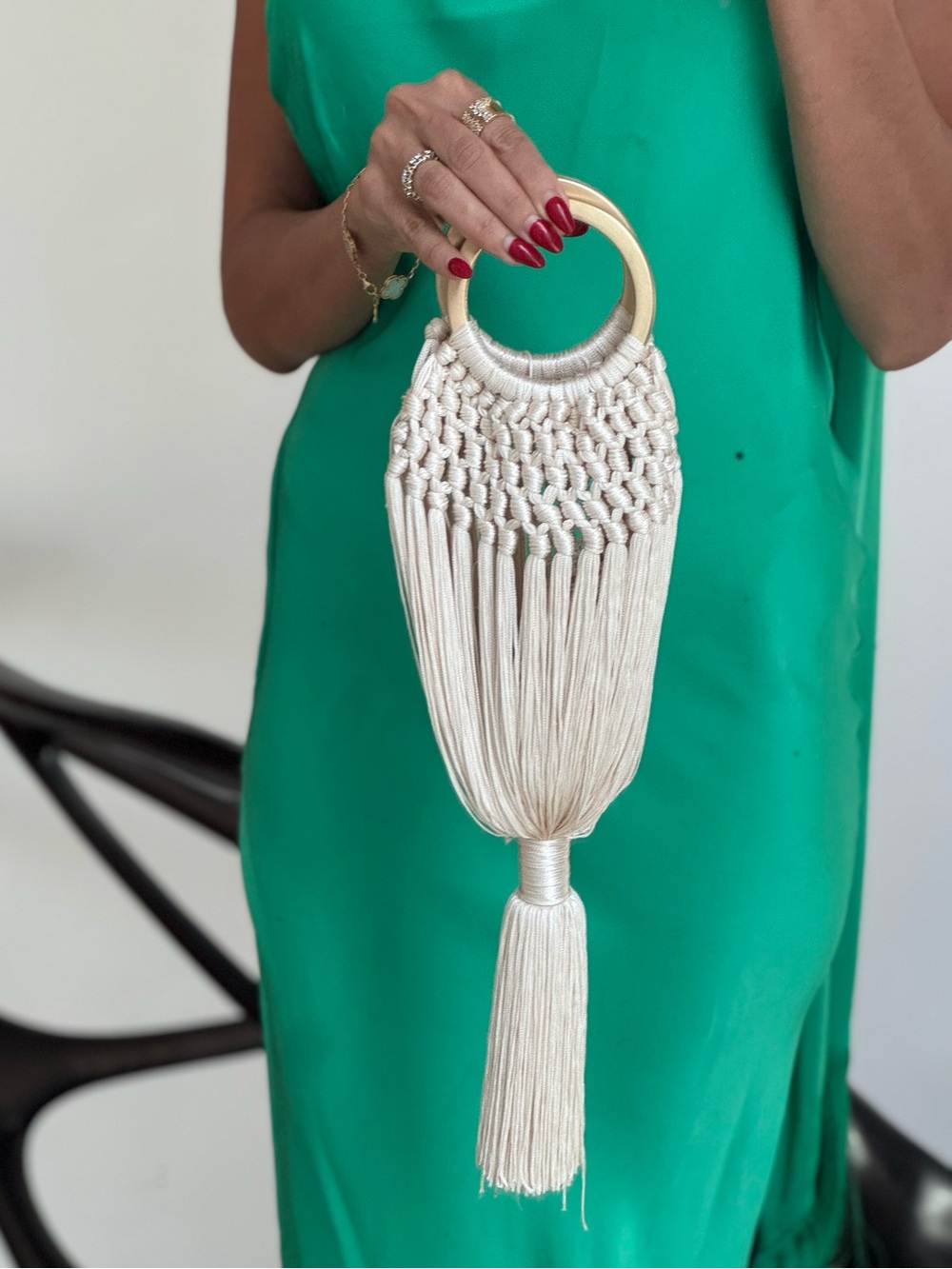 cult gaia Cream Macramé Mini Bag with Gold Ring Handle